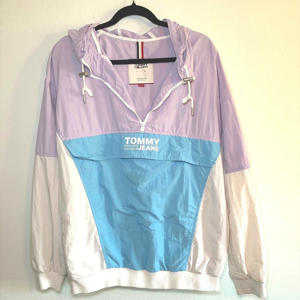 Tommy Jeans Colorblock Anorak Jacket Hooded Windbreaker Retro Blue Womens Large - Picture 2 of 7